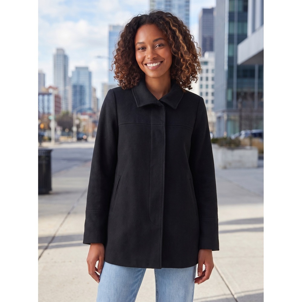 Loro Piana Italy Fabric Wool Overcoat Pea Coat Women 14 Black Luxury Classic